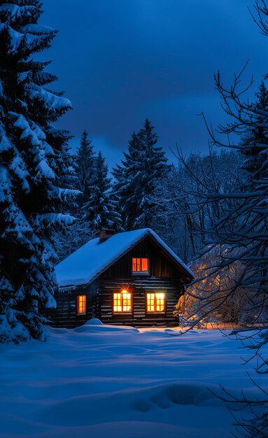 写真 冬の森の雪に覆われた小屋での夕暮れの静けさ