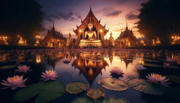 Twilight Serenity Boeddha Beeld Thaise Tempel Lotus Pond