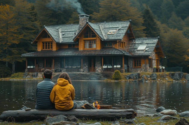 Foto twilight serenity sul lago con un'accogliente capanna e una coppia che si godono il fuoco di campo