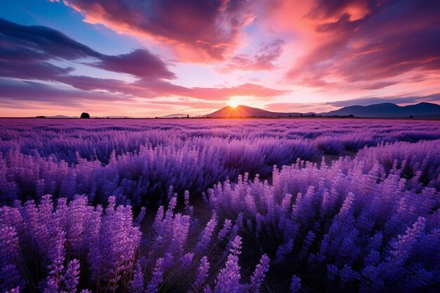 Photo twilight setting in over a field of blooming lavender