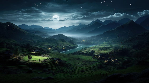 twilight shadow on the terraced fields digital art illustration Generative AI