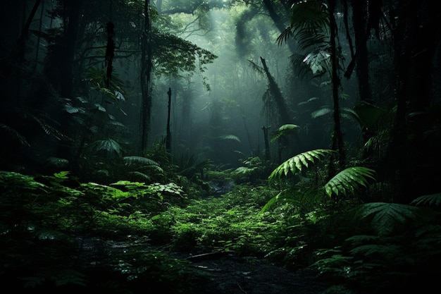 Photo twilight shining through the leaves of a dense jungle