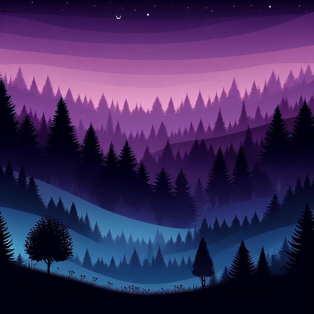 Twilight Silhouette Gradient Forest Background in Purples Blues and Blacks