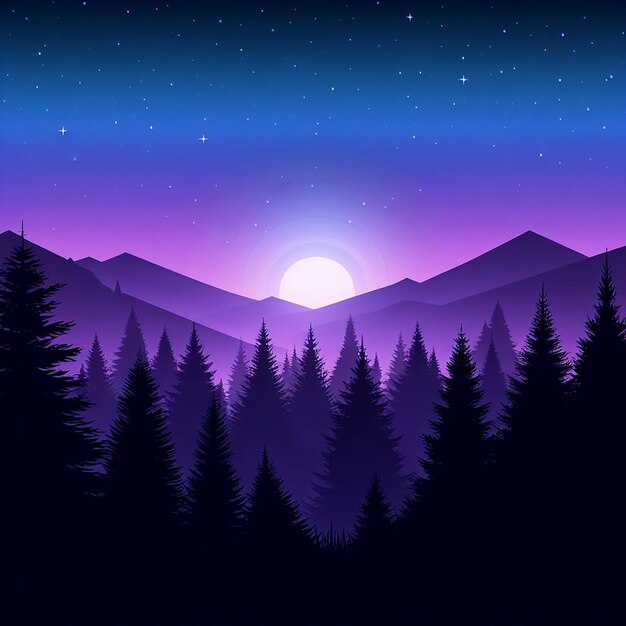 Twilight Silhouette Gradient Forest Background in Purples Blues and Blacks