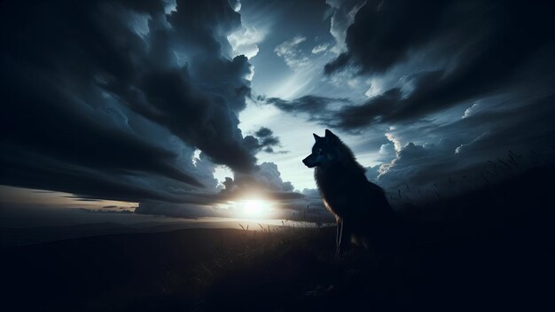 Foto twilight silhouette van wolf op de bergtop