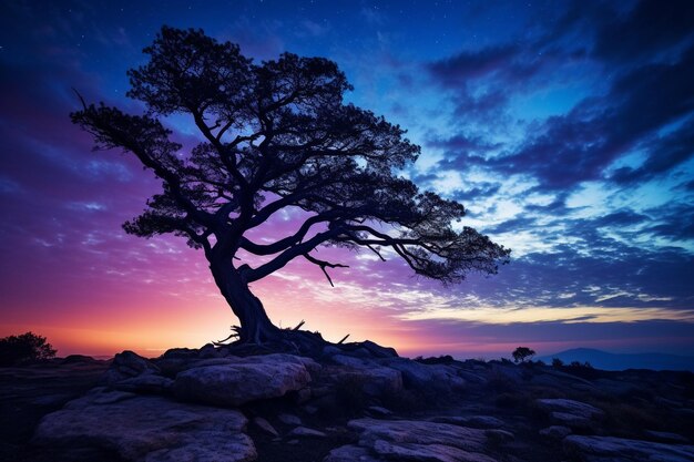 Twilight Sky Over a Lone Juniper Tree in the Desert