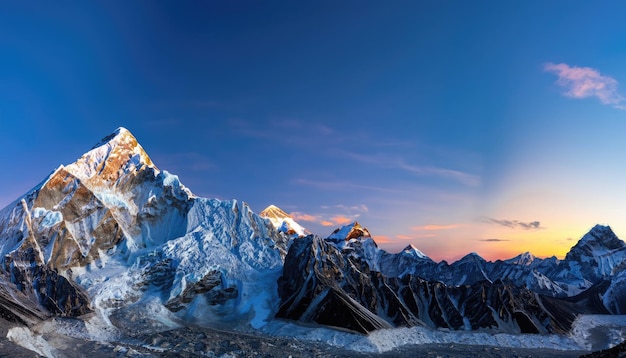 Twilight sky over Mount Everest Nuptse Lhotse and Makalu