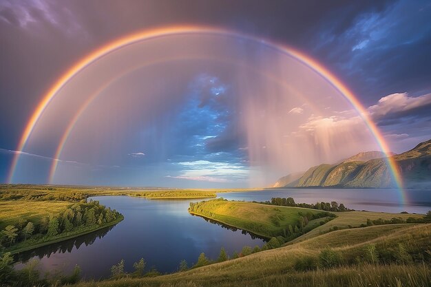 Photo twilight splendor the mesmerizing double rainbow landscape high quality photo