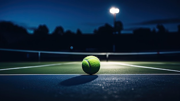 Twilight tennis ball under warm stadium lights