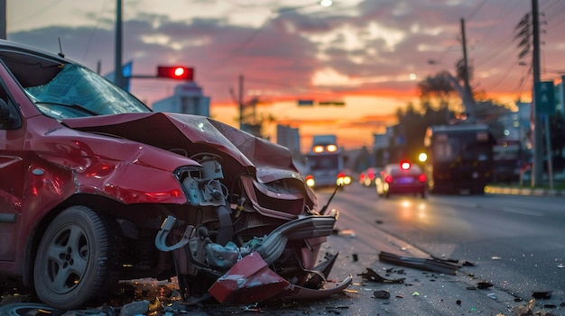 Foto tragedia del crepuscolo auto rossa al tramonto su una strada trafficata