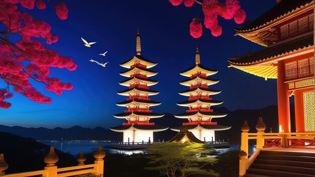 Twilight tranquility illuminated pagodas amidst nature s grandeur