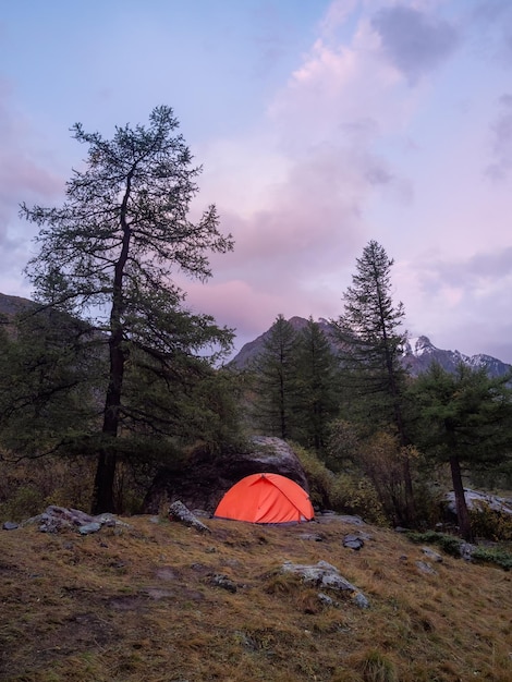Twilight zomerkamp in de bergen Geweldig landschap van schemering in bergen met tent op pas in violet licht Tent in de buurt van rotsachtige heuvel in lila licht Paars zonsonderganglicht