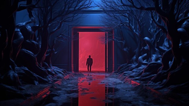 Foto twilight zone surrealistische scène met open deur en angstaanjagende landschappen