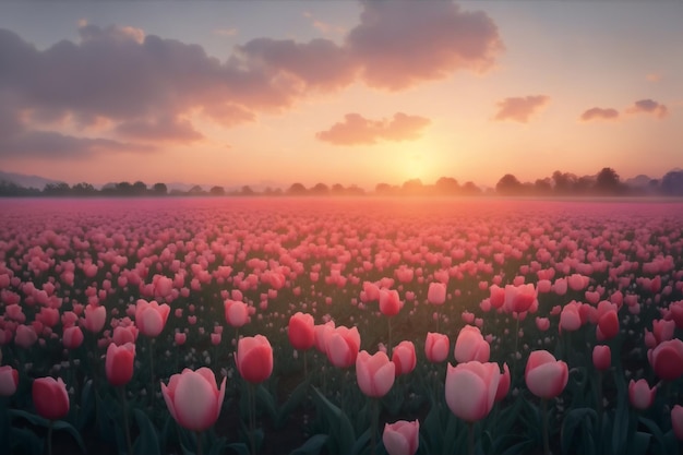 Photo twilights glow illuminating field of delicate tulips