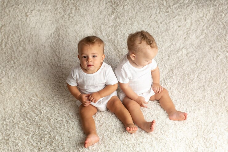 twin boys sitter twin brothers at the age of one year old