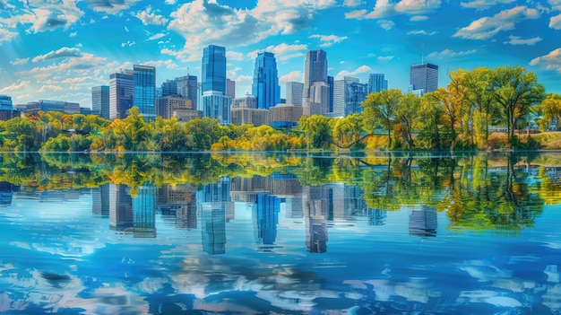 ツインシティの都市風景 ミネアポリスのスカイラインとミシシッピ川の青い水の風景の反射