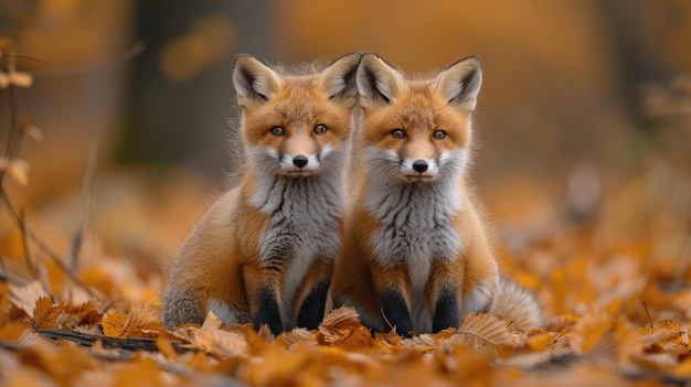 Twin Foxes in Autumn Leaves Captivating Portrait