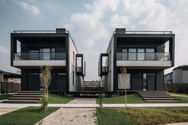 Twin houses with identical design and decor side by side