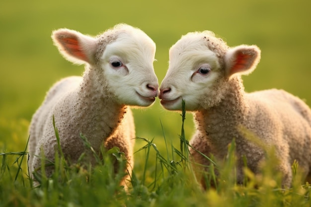 Twin lambs butting heads in a green field