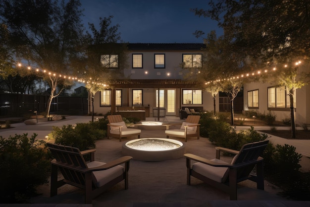 Twin patio with fire pit and lounge chairs sitting under the stars