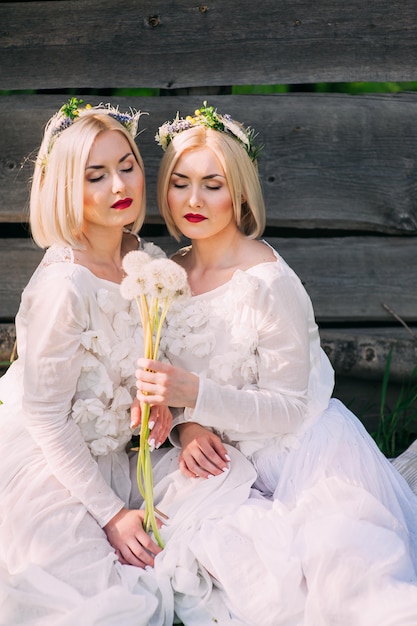 Twin Sisters blowing dandelions