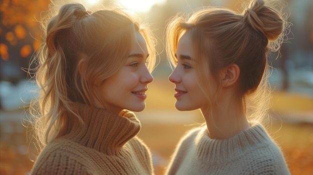 Photo twin sisters enjoying a sunny autumn day golden hour togetherness