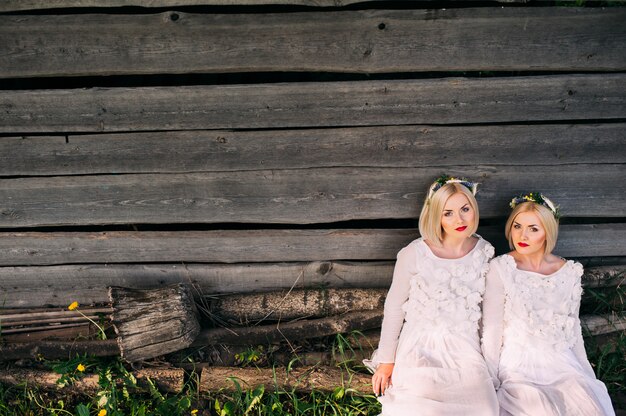 Twin sisters sitting at a wooden wall