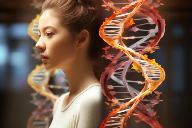 Twin sisters with a translucent DNA helix symbolizing genetic similarities and differences