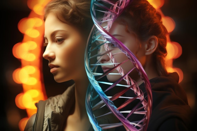 Twin sisters with a translucent DNA helix symbolizing genetic similarities and differences