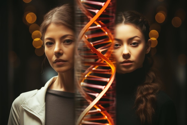 Foto sorelle gemelle con un'elica di dna traslucida che simboleggia somiglianze e differenze genetiche