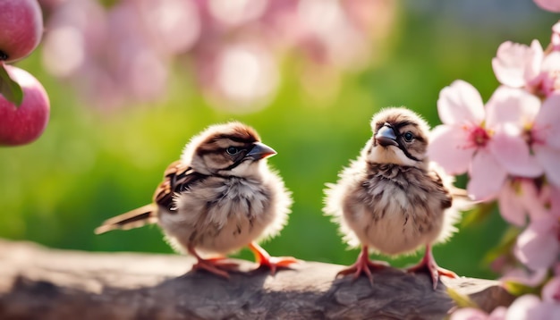 桜の花の中の双子の小鳥