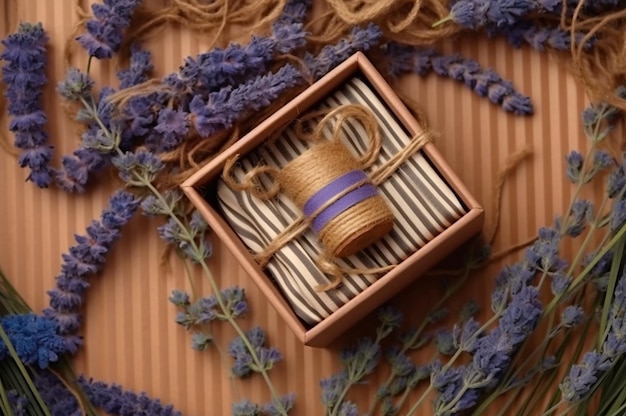 Twine gift boxes with lavender and lit candle on kraft paper Generative AI