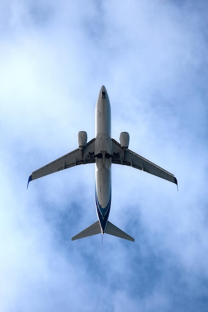 Twinjet narrowbody lijnvliegtuig van onderaf gezien