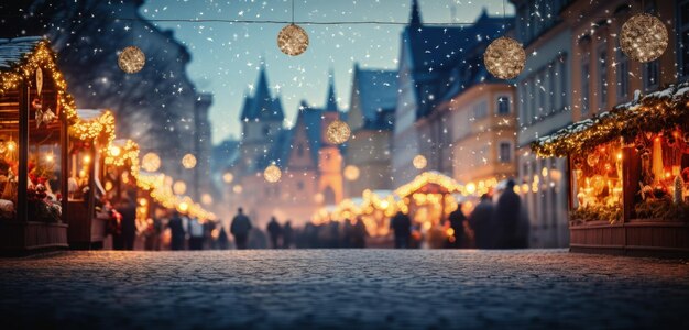 Twinkling Christmas market lights background Generative AI