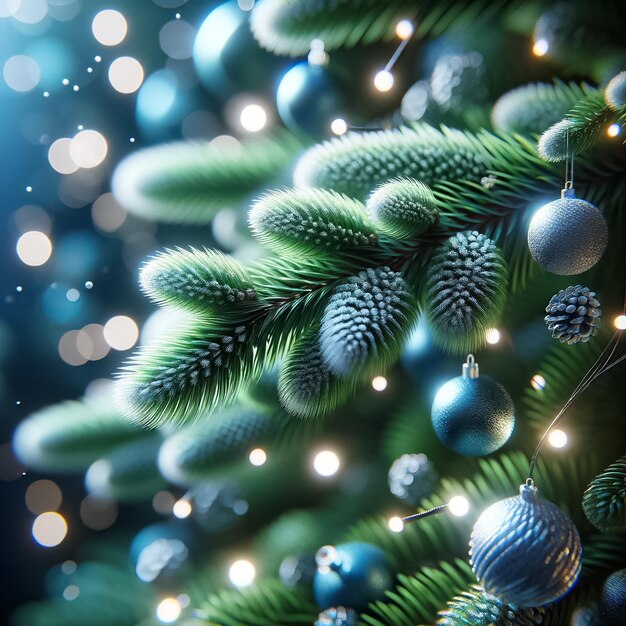 輝く光と装飾品がクリスマスツリーを飾っている
