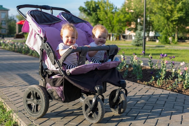 Photo twins in a baby carriage on a walk in the city park in the summer