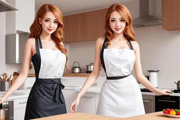 Twins beautiful maid in apron illustration generative ai