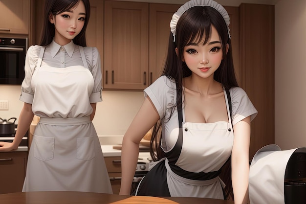 Twins beautiful maid in apron illustration generative ai
