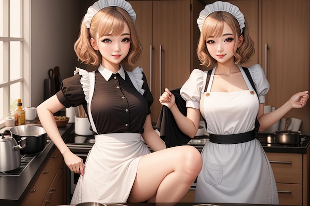 Twins beautiful maid in apron illustration generative ai