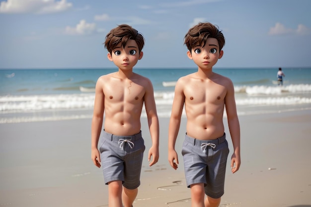 twins brother walking on beach