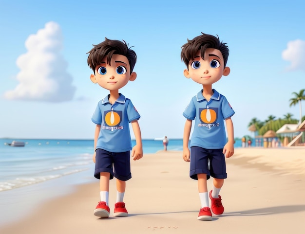 twins brother walking on beach