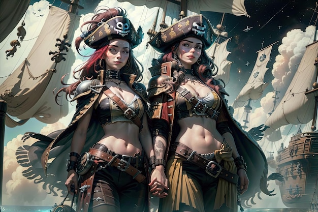 Photo twins couplecute pirate girl on treasure island illustration