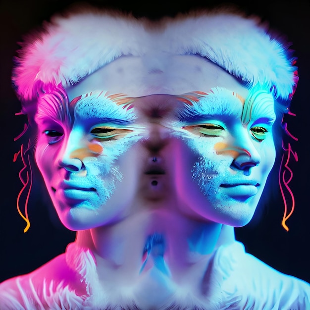 twins face in neon futuristic background abstract concept