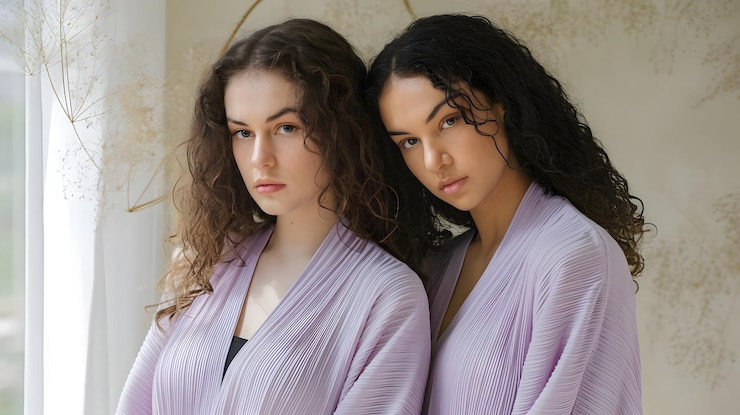 Photo twins in matching robes looking at the camera in a soft and dreamy light