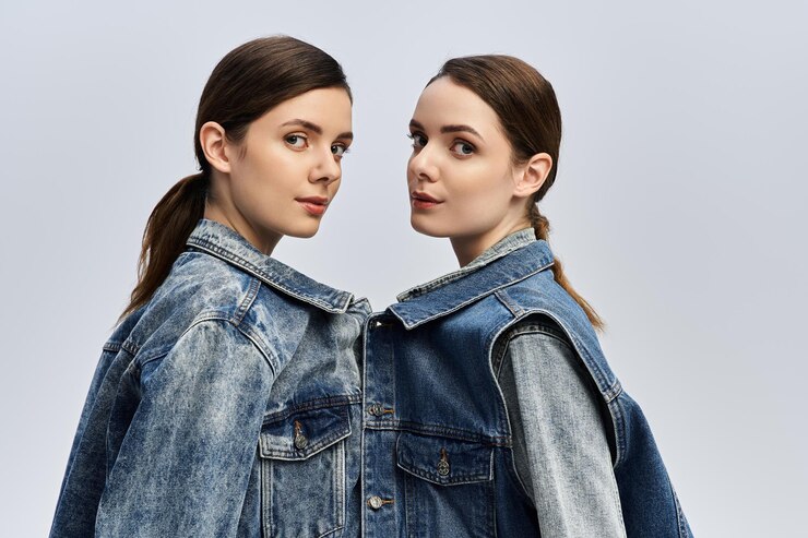 Photo twins sharing a striking moment in stylish denim jackets against a soft backdrop