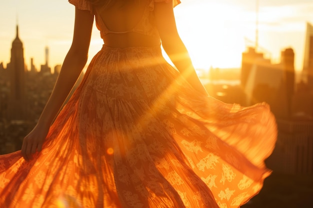 Foto twirling gonna di un abito da sera paesaggio cittadino illuminato dal sole sullo sfondo