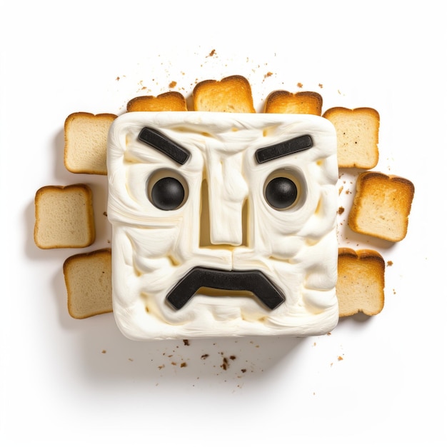 Photo twisted character toast angry face cubed slice with bauhaus photography style