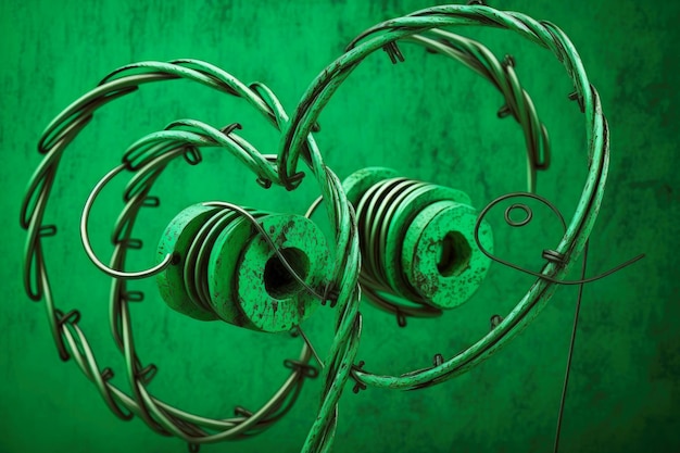 Twisted coils of barbed wire with sharp hooks on green background generative ai