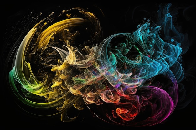 Twisted and curved streaks on black background during color fume explosion