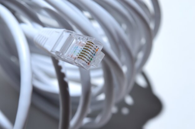 Twisted Lan wire with connector rj 45. close-up.